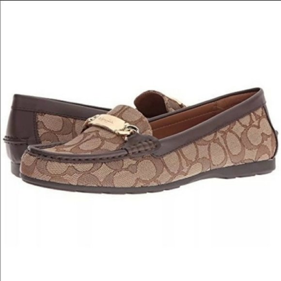 Coach A01918 Olive Outline Signature C Khaki Chestnut Brown Loafers 7B - Picture 1 of 12